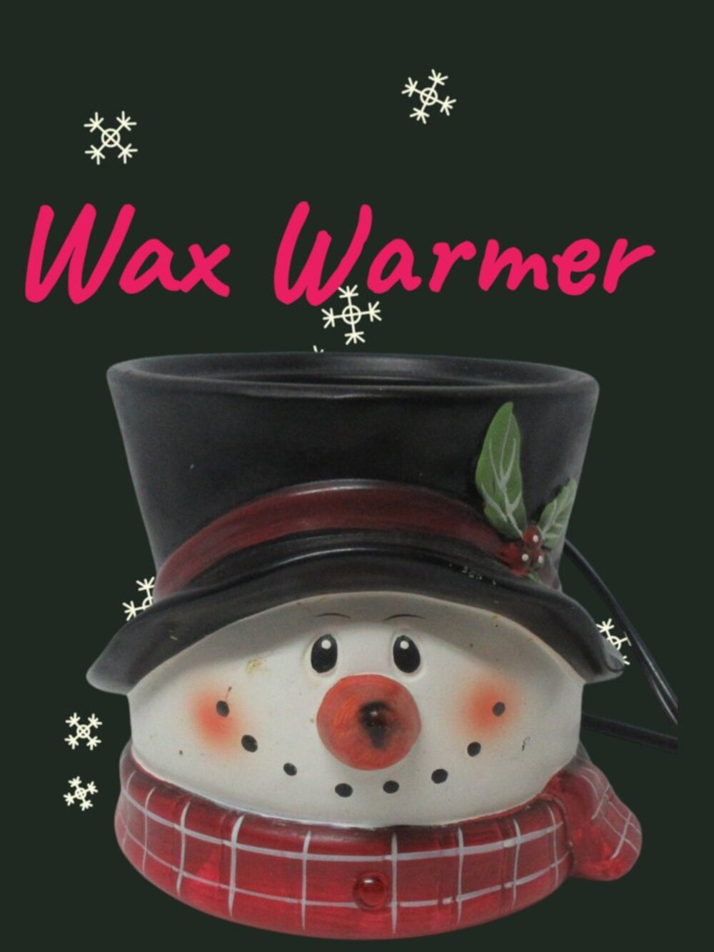 Snowman Electric Jar Candle Warmer Ceramic Christmas Top Hat Holly 4” Opening